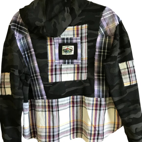 Patchwork Camo Hoodie, Size M-L: Upcycled Hipster Grunge Violet Plaid Sweatshirt - Picture 5 of 14